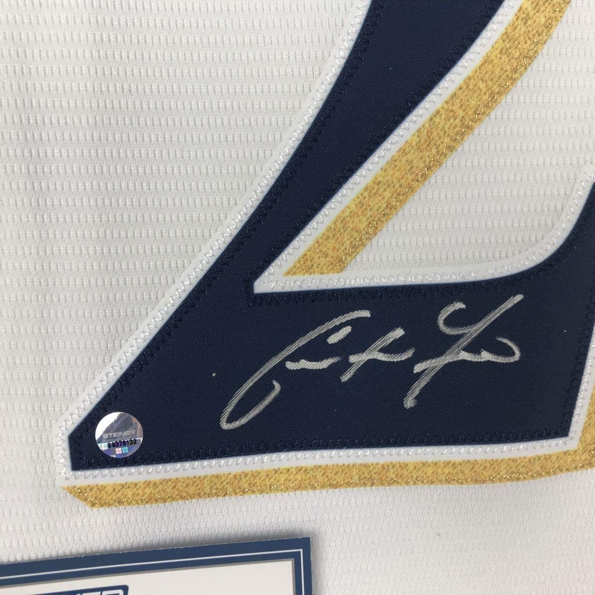 Framed Autographed/Signed Christian Yelich 33x42 Milwaukee Brewers White Cool Base Baseball Jersey Steiner Sports COA