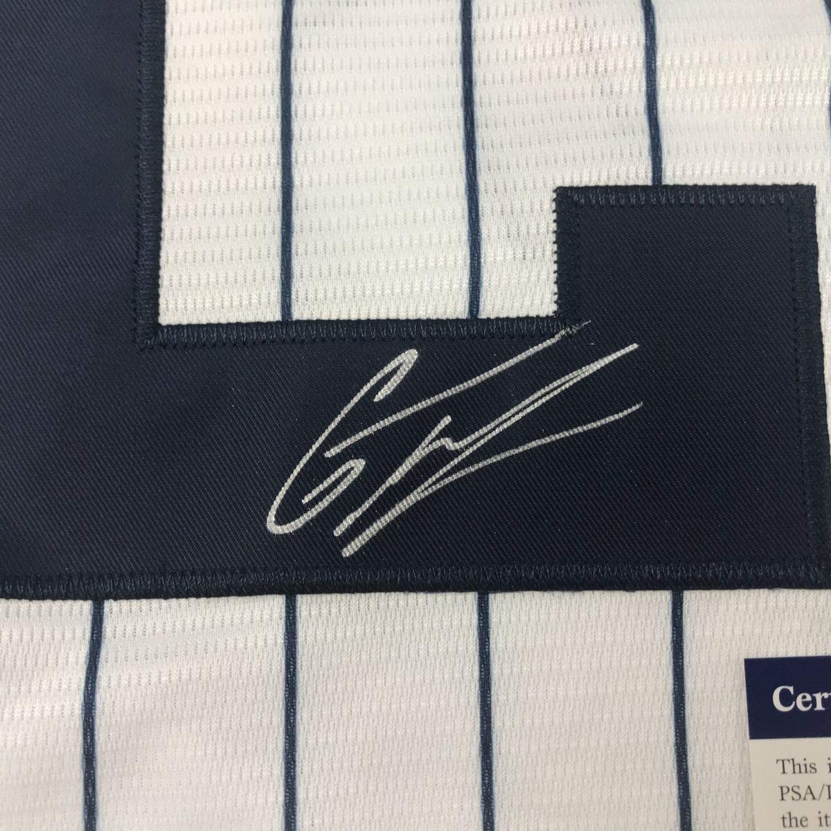 Framed Autographed/Signed Gleyber Torres 33x42 New York Pinstripe Baseball Jersey PSA/DNA COA