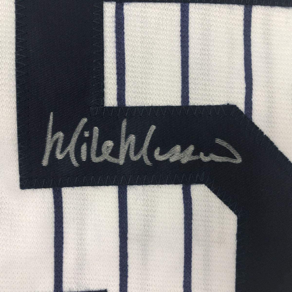 Framed Autographed/Signed Mike Mussina 33x42 New York Pinstripe Baseball Jersey JSA COA