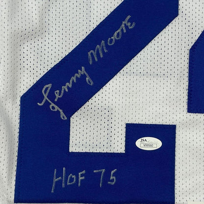 Framed Autographed/Signed Lenny Moore 33x42 HOF 75 Baltimore White Football Jersey JSA COA