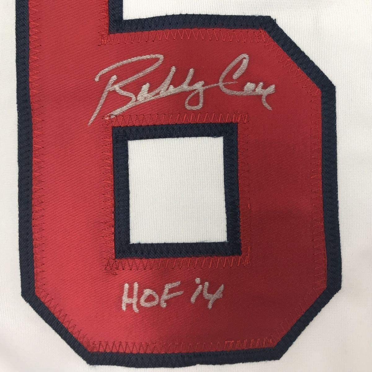 Framed Autographed/Signed Bobby Cox HOF 14 33x42 Atlanta White Baseball Jersey JSA COA