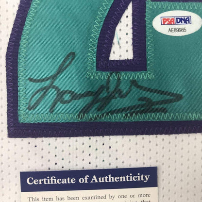 Framed Autographed/Signed Larry Johnson 33x42 Charlotte White Basketball Jersey PSA/DNA COA
