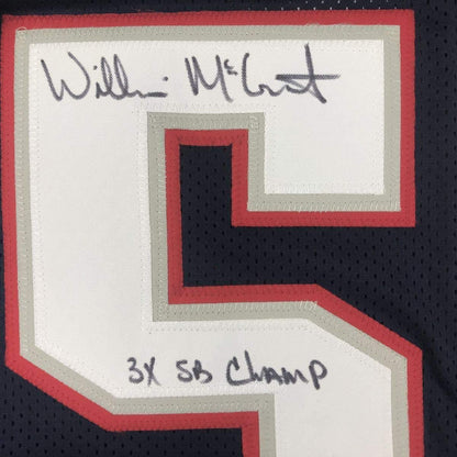 Framed Autographed/Signed Willie McGinest 3x SB Champ 33x42 New England Blue Football Jersey JSA COA