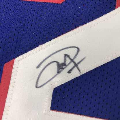 Framed Autographed/Signed Joel Embiid 33x42 Philadelphia Blue Basketball Jersey JSA COA