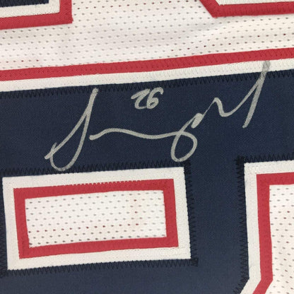 Framed Autographed/Signed Sony Michel 33x42 New England White Football Jersey JSA COA