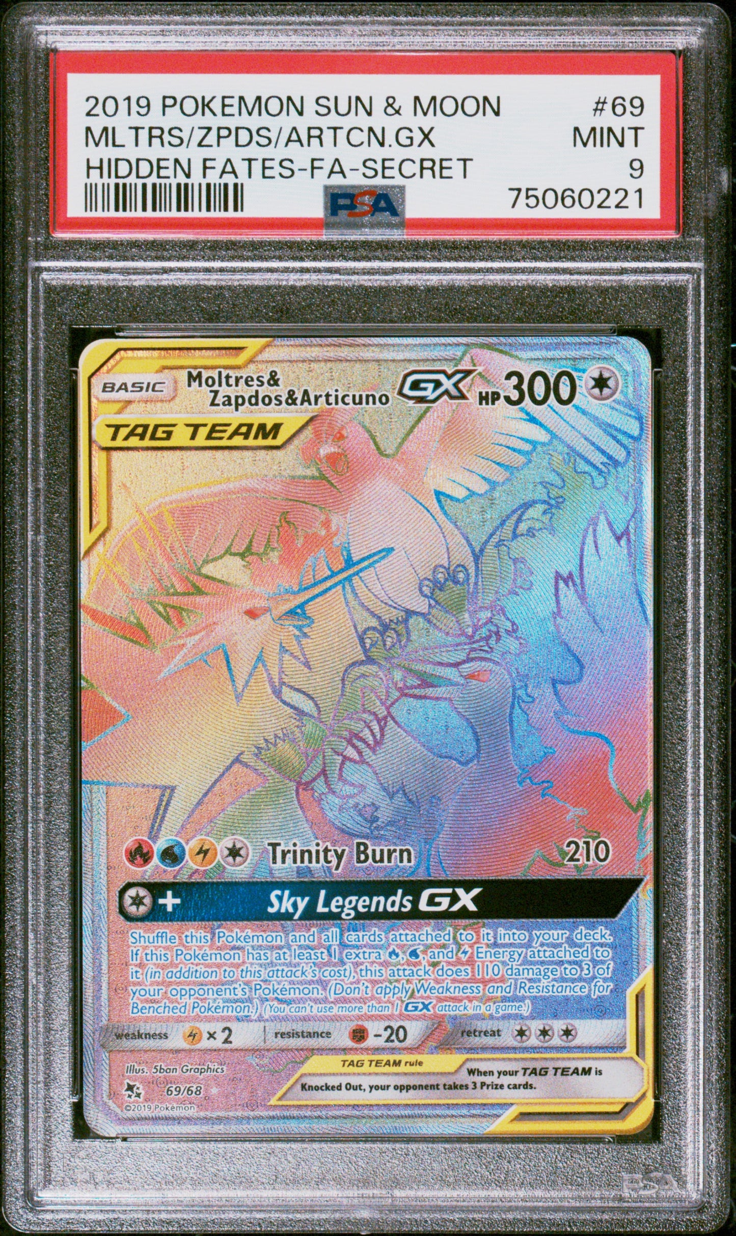 Graded 2019 PKM Sun & Moon Moltres/Zapdos/Articuno GX #69 Hidden Fates Trading Card Game PSA 9 Mint