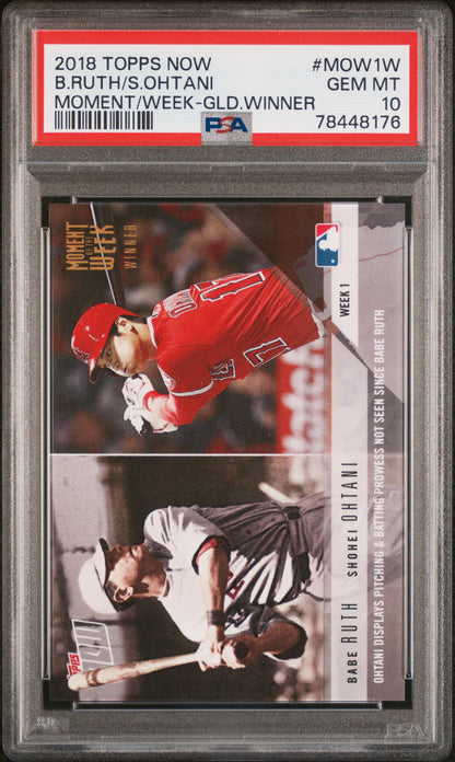 Graded 2018 Topps Now Shohei Ohtani/Babe Ruth #1W Moment of the Week Gold Winner Rookie RC Baseball Card PSA 10 Gem Mint