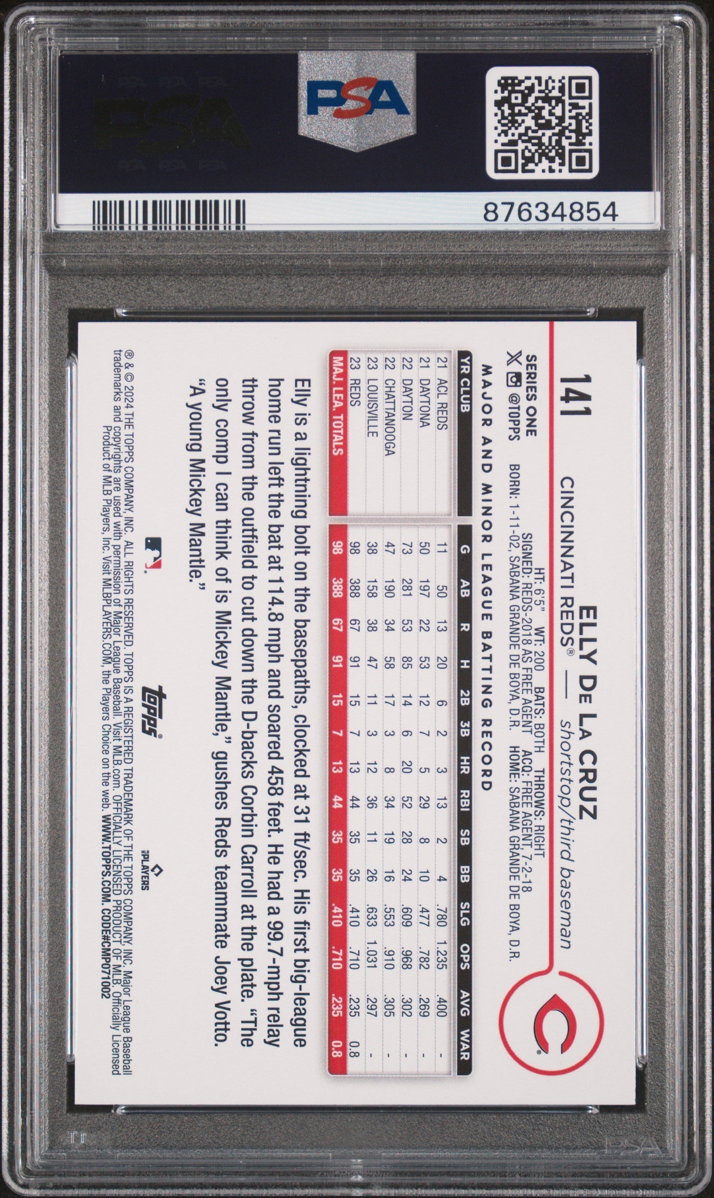 Graded 2024 Topps Elly De La Cruz #141 Rookie RC Baseball Card PSA 9 Mint