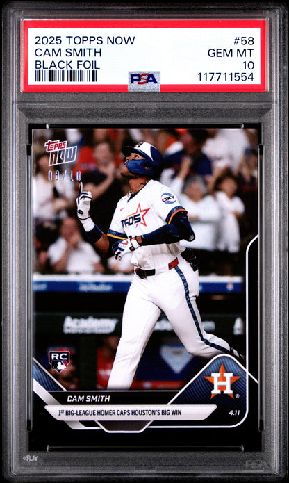 Graded 2025 Topps Now Cam Smith #58 Black Foil /10 Rookie RC Baseball Card PSA 10 Gem Mint