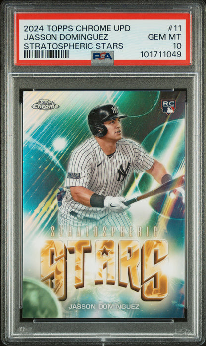 Graded 2024 Topps Chrome Update Jasson Dominguez #11 Stratospheric Stars Rookie RC Baseball Card PSA 10 Gem Mint