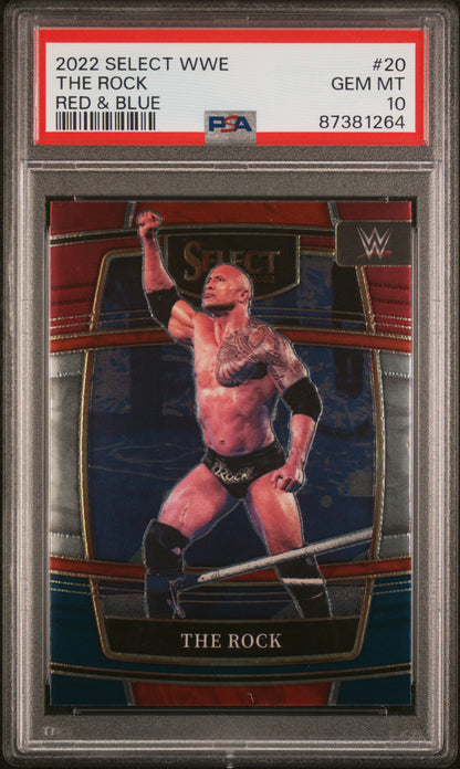 Graded 2022 Panini Select WWE The Rock #20 Red & Blue Wrestling Card PSA 10 Gem Mint