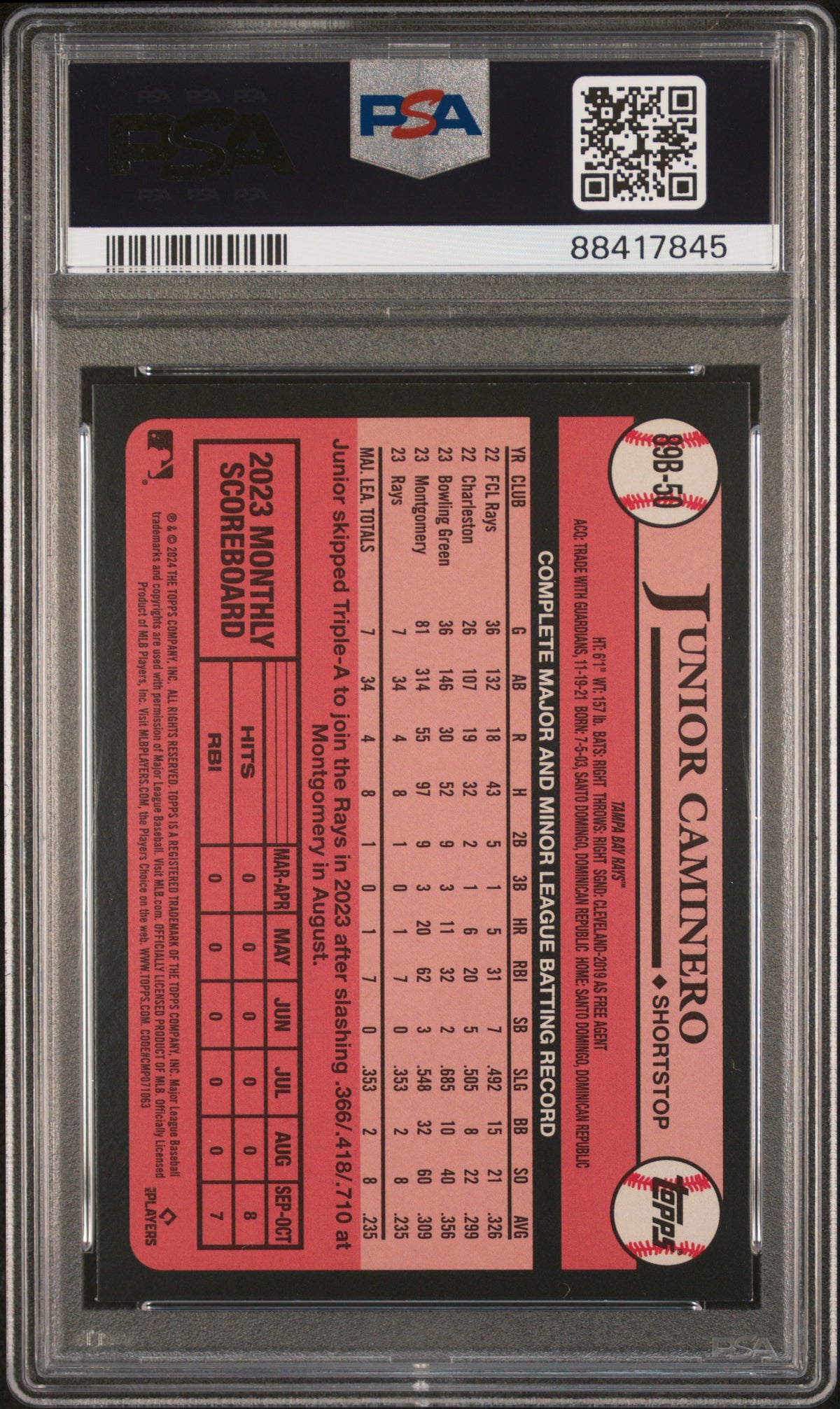 Graded 2024 Topps Junior Caminero #89B50 1989 Topps Rookie RC Baseball Card PSA 10 Gem Mint
