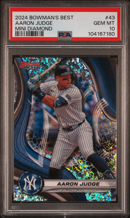 Graded 2024 Topps Bowmans Best Aaron Judge #43 Mini Diamond #/299 Baseball Card PSA 10 Gem Mint