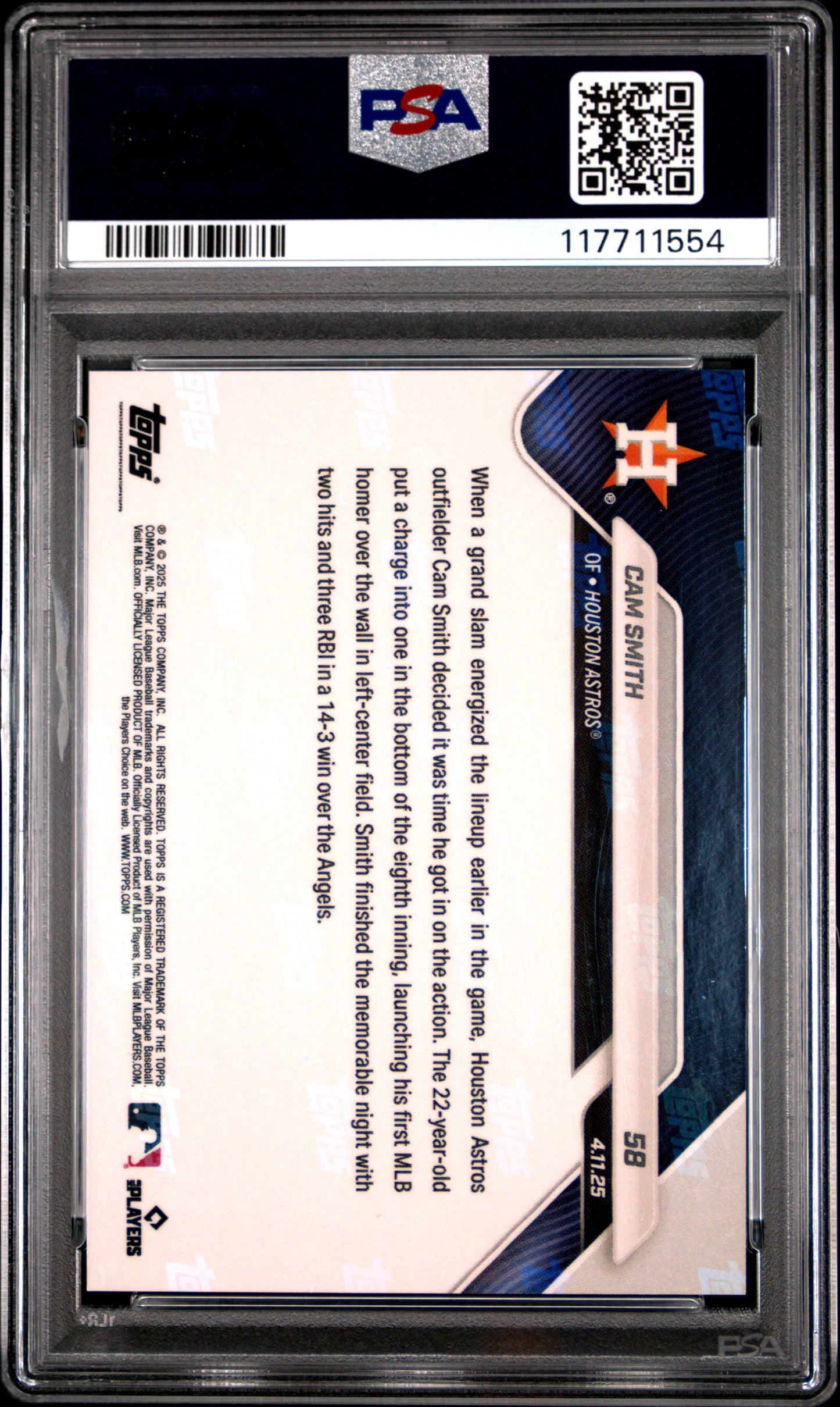 Graded 2025 Topps Now Cam Smith #58 Black Foil /10 Rookie RC Baseball Card PSA 10 Gem Mint