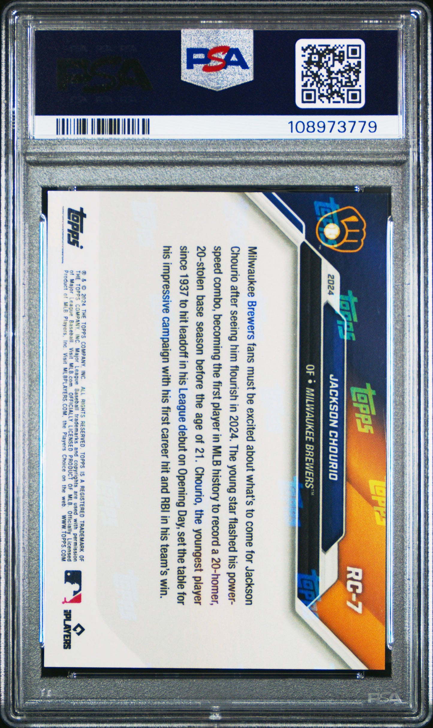 Graded 2024 Topps Now Jackson Chourio #RC7 Rookie Cup Team Set Rookie RC Baseball Card PSA 10 Gem Mint
