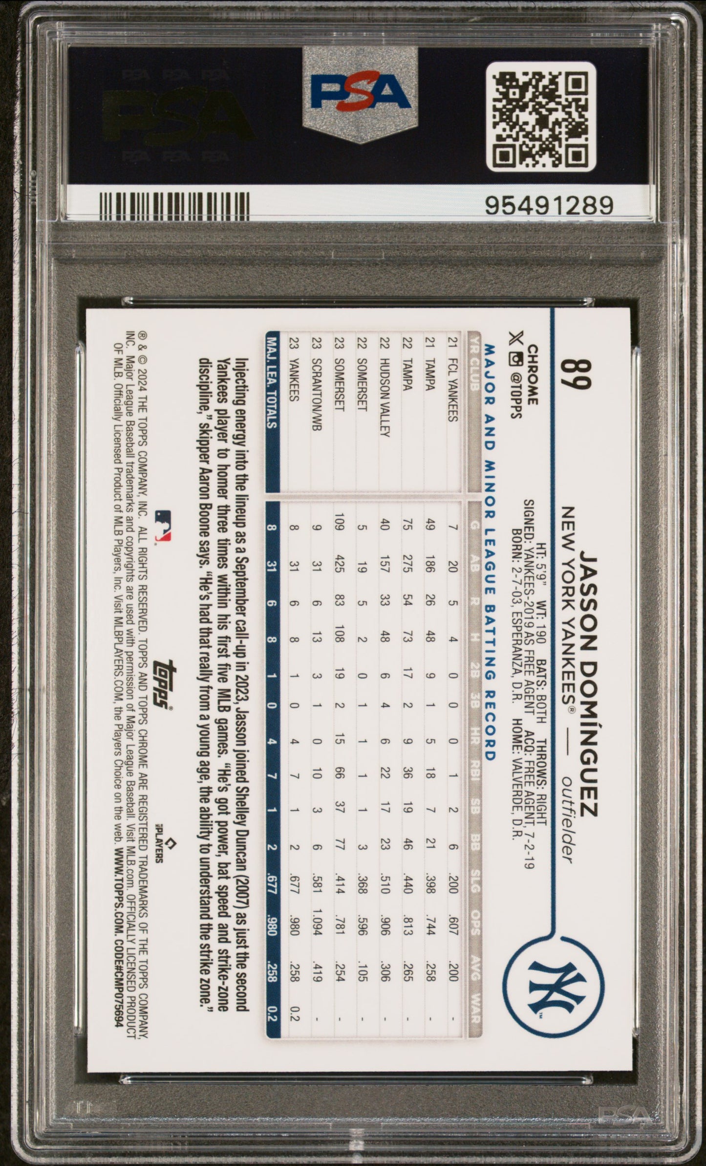 Graded 2024 Topps Chrome Jasson Dominguez #89 Rookie RC Baseball Card PSA 10 Gem Mint