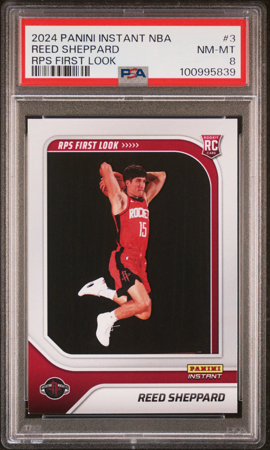 Graded 2024 Panini Instant NBA Reed Sheppard #3 RPS First Look Rookie RC Basketball Card PSA 8 Near Mint