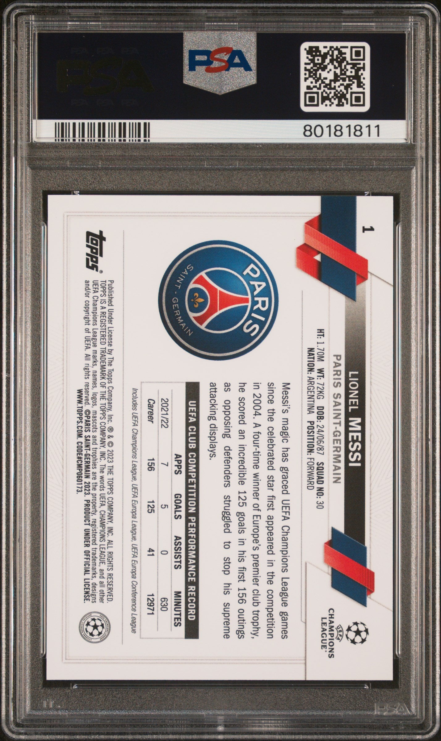 Graded 2022 Topps Chrome UCC Lionel Messi #1 Soccer Card PSA 10 Gem Mint