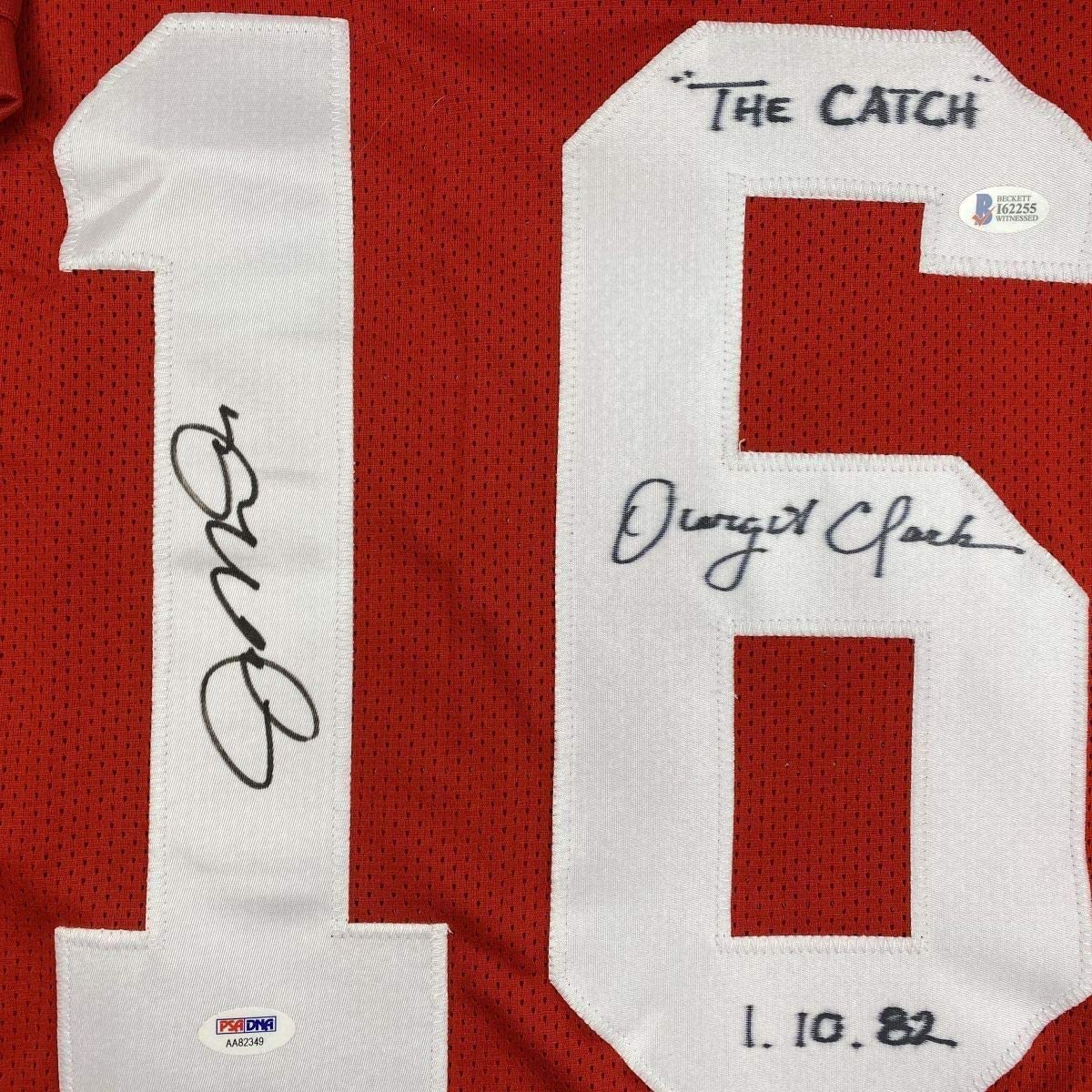 Framed Autographed/Signed Joe Montana & Dwight Clark 33x42 The Catch San Francisco Red Football Jersey PSA/DNA & Beckett BAS COA