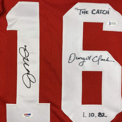 Framed Autographed/Signed Joe Montana & Dwight Clark 33x42 The Catch San Francisco Red Football Jersey PSA/DNA & Beckett BAS COA