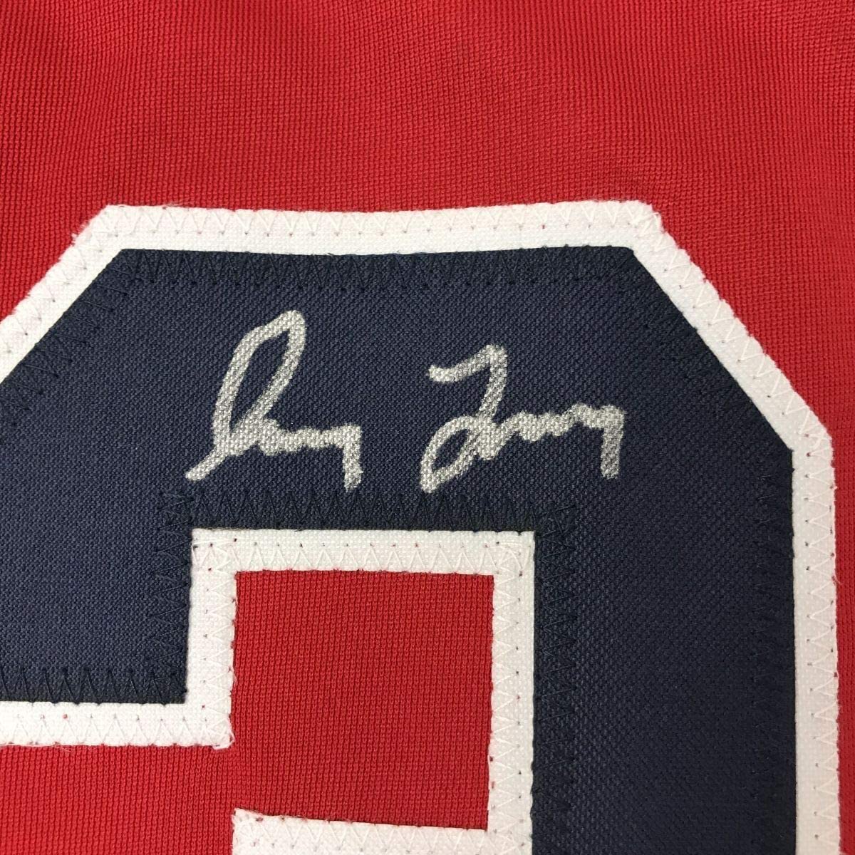 Framed Autographed/Signed Greg Maddux 33x42 Atlanta Red Baseball Jersey JSA COA