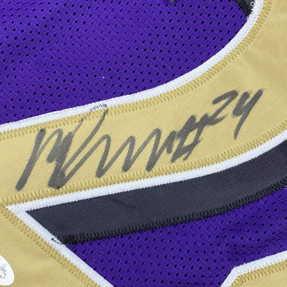 Framed Autographed/Signed Marcus Peters 33x42 Baltimore Color Rush Football Jersey JSA COA