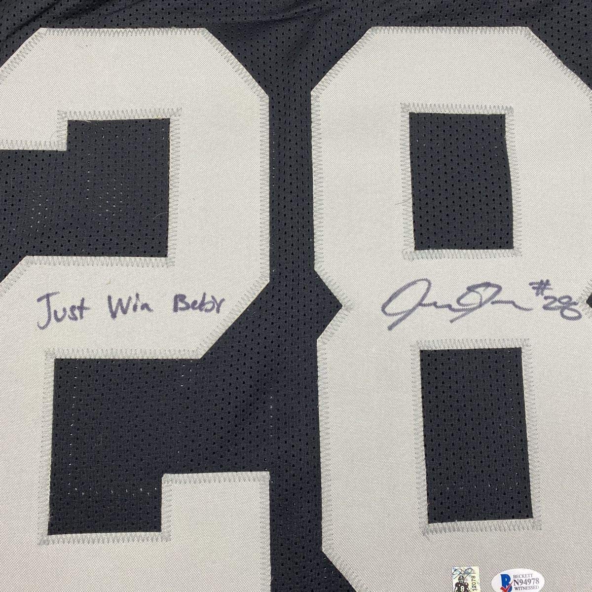 Framed Autographed/Signed Josh Jacobs Just Win Baby 33x42 Las Vegas Oakland Black Football Jersey Beckett BAS COA