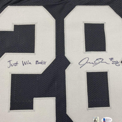 Framed Autographed/Signed Josh Jacobs Just Win Baby 33x42 Las Vegas Oakland Black Football Jersey Beckett BAS COA