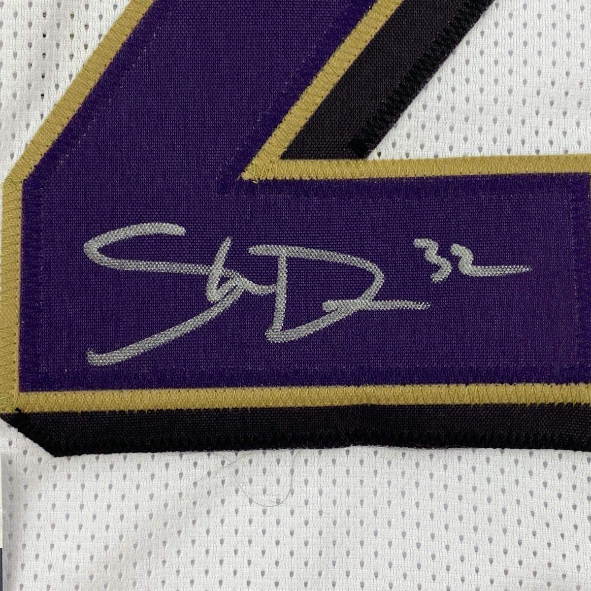 Framed Autographed/Signed DeShon Elliott 33x42 Baltimore White Football Jersey JSA COA