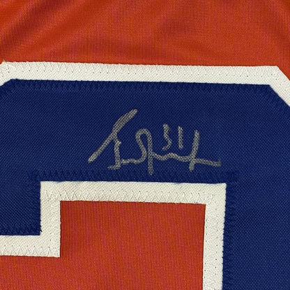 Framed Autographed/Signed Grant Fuhr 33x42 Edmonton Orange Hockey Jersey JSA COA