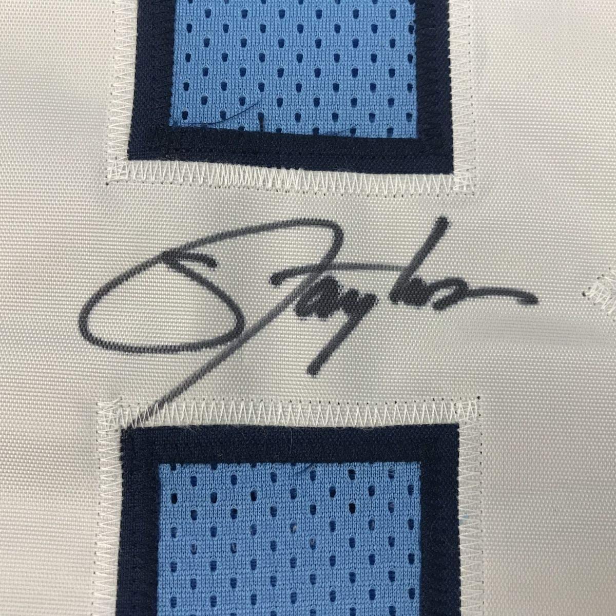 Framed Autographed/Signed Lawrence Taylor 33x42 North Carolina Blue College Football Jersey JSA COA Holo Only