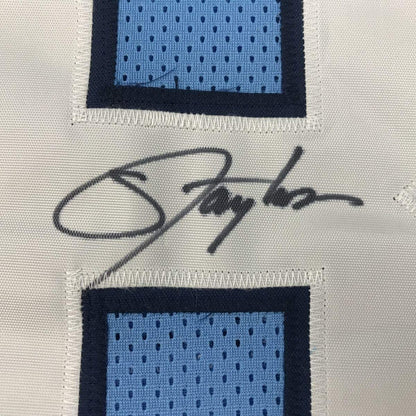 Framed Autographed/Signed Lawrence Taylor 33x42 North Carolina Blue College Football Jersey JSA COA Holo Only