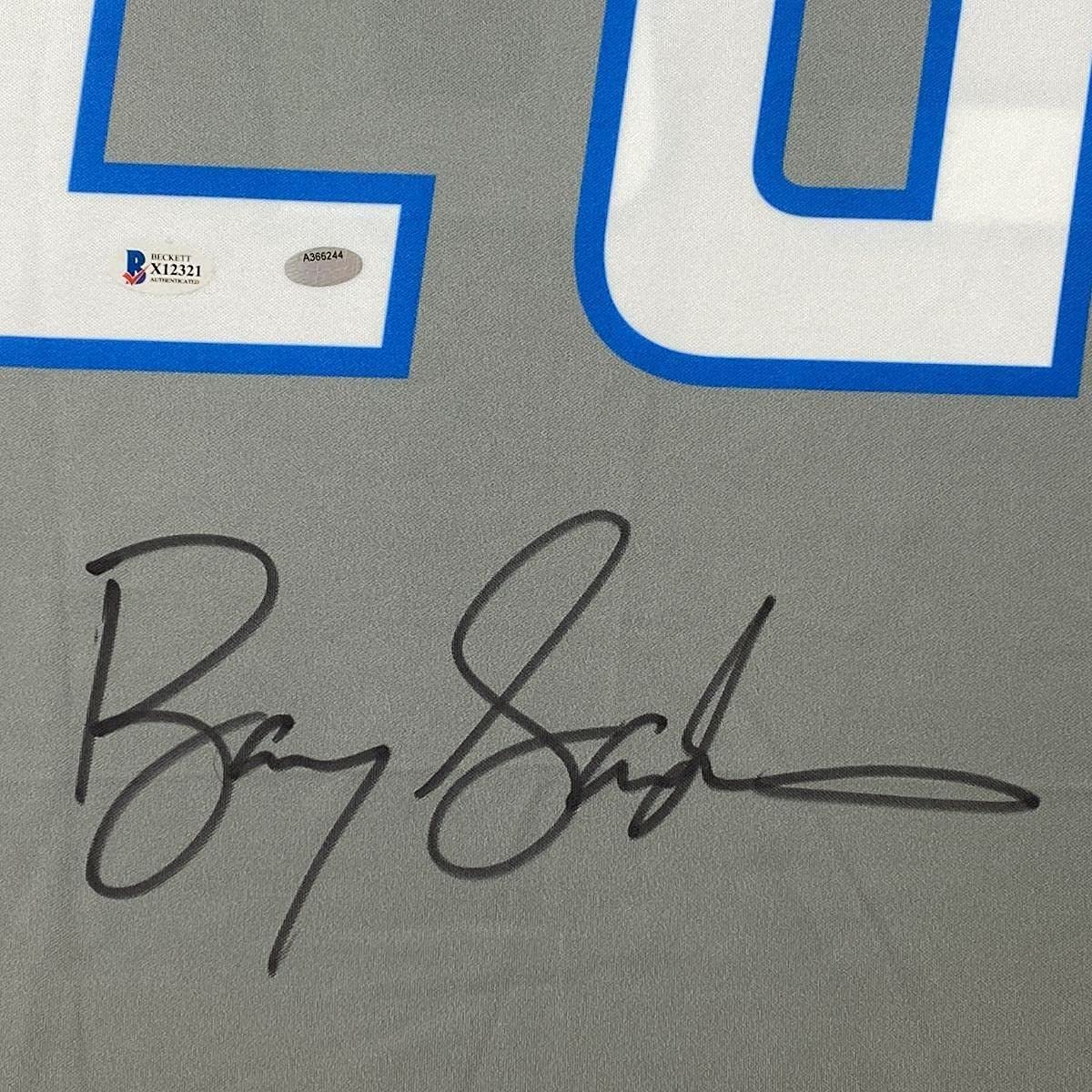 Framed Autographed/Signed Barry Sanders 33x42 Detroit Lions Grey Football Jersey Beckett BAS COA