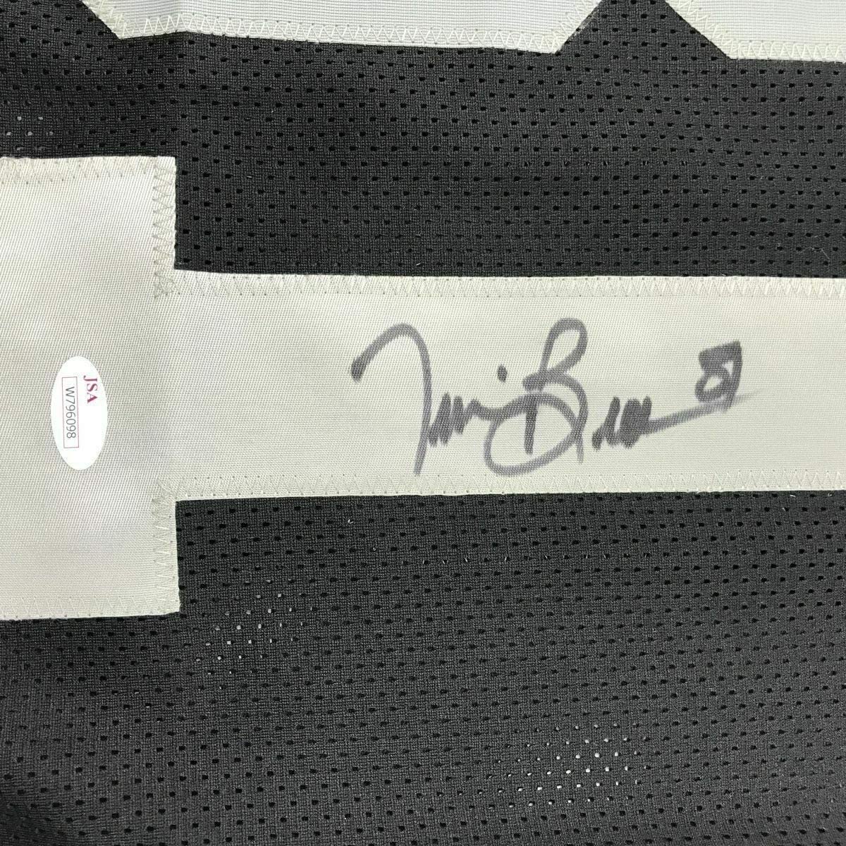 Framed Autographed/Signed Tim Brown 33x42 Oakland Black Football Jersey JSA COA Holo Only