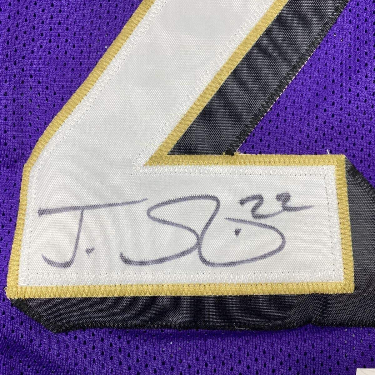 Framed Autographed/Signed Jimmy Smith 33x42 Baltimore Purple Football Jersey JSA COA