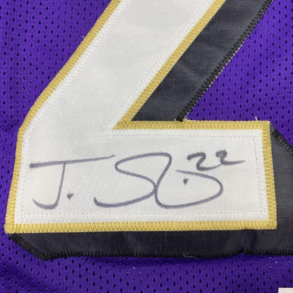 Framed Autographed/Signed Jimmy Smith 33x42 Baltimore Purple Football Jersey JSA COA