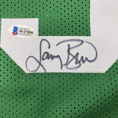 Framed Autographed/Signed Larry Bird 33x42 Boston Green Basketball Jersey Beckett BAS COA
