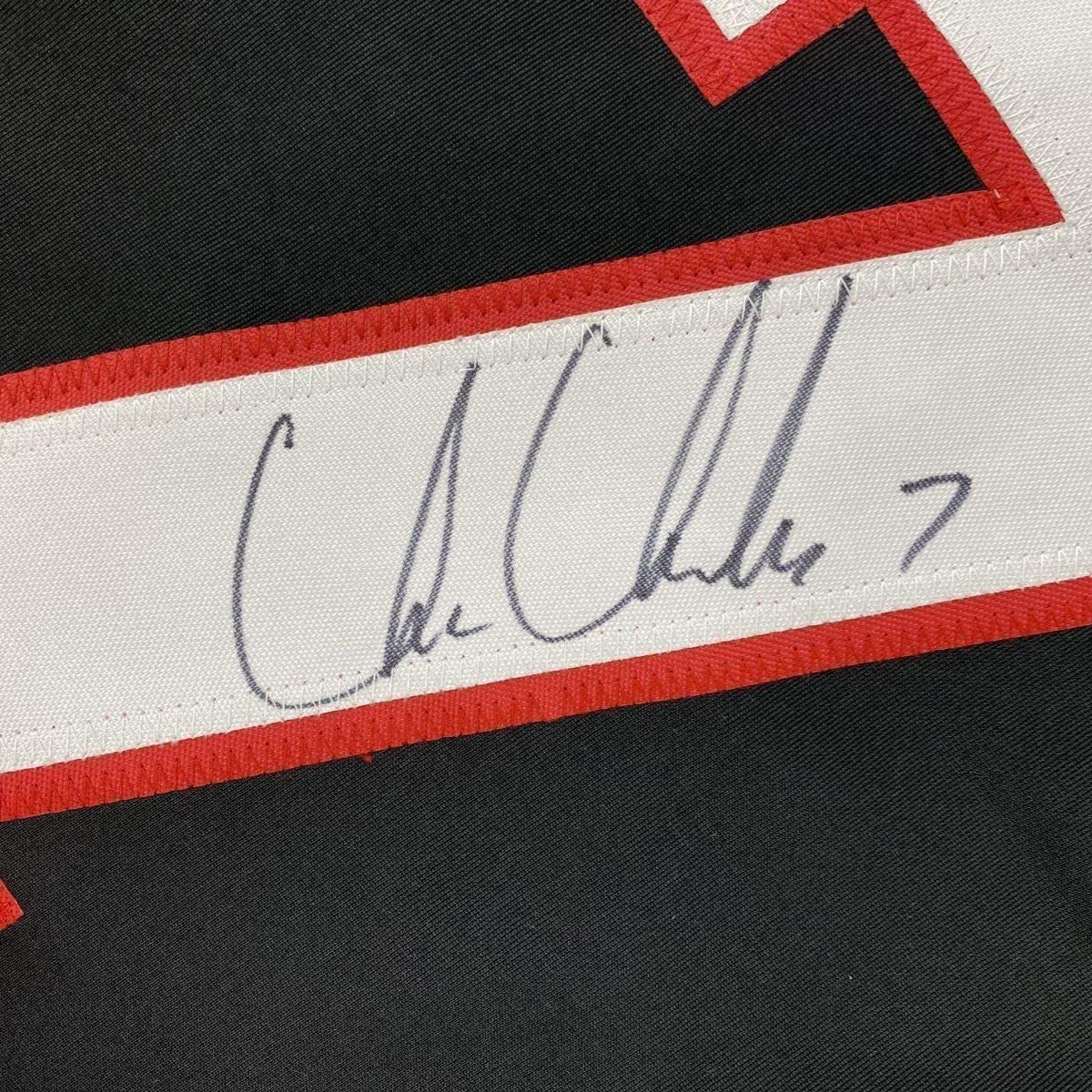 Framed Autographed/Signed Chris Chelios 33x42 Chicago Black Hockey Jersey JSA COA