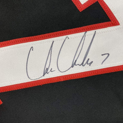 Framed Autographed/Signed Chris Chelios 33x42 Chicago Black Hockey Jersey JSA COA