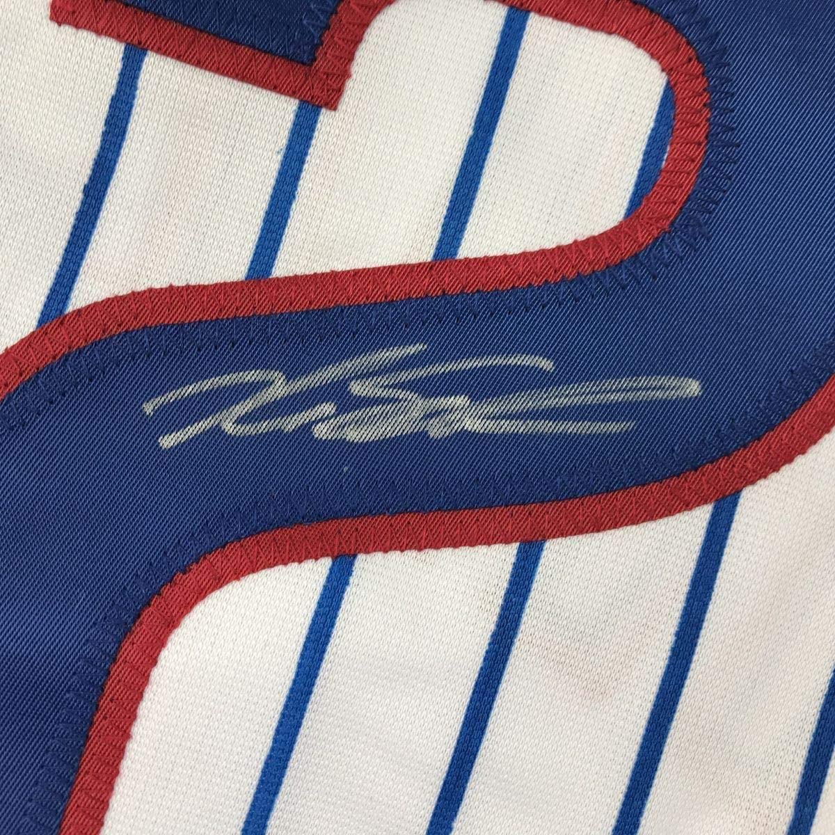 Framed Autographed/Signed Kyle Schwarber 33x42 Chicago Pinstripe Baseball Jersey JSA COA