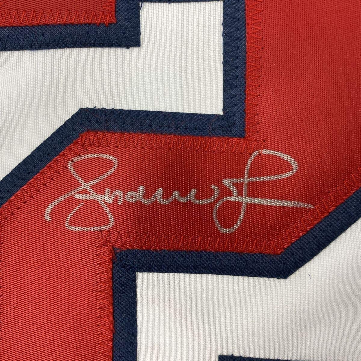 Framed Autographed/Signed Andruw Jones 33x42 Atlanta White Baseball Jersey JSA COA