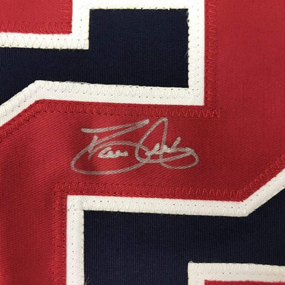 Framed Autographed/Signed David Justice 33x42 Atlanta Blue Baseball Jersey JSA COA