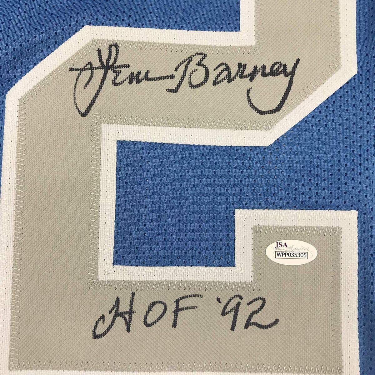 Autographed/Signed Lem Barney"HOF 92" Detroit Blue Football Jersey JSA COA