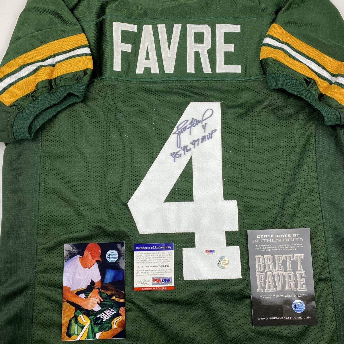 Autographed/Signed Brett Favre 95 96 97 MVP Green Bay Green Football Jersey PSA/DNA COA