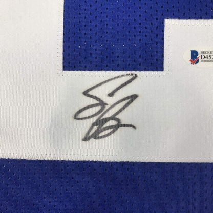 Framed Autographed/Signed Saquon Barkley 33x42 New York Blue Football Jersey Beckett BAS COA