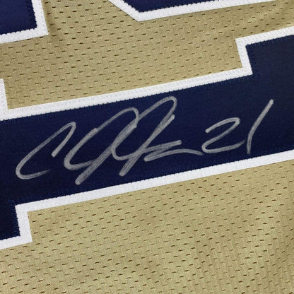 Framed Autographed/Signed Calvin Johnson 33x42 Georgia Tech Gold College Football Jersey Beckett BAS COA