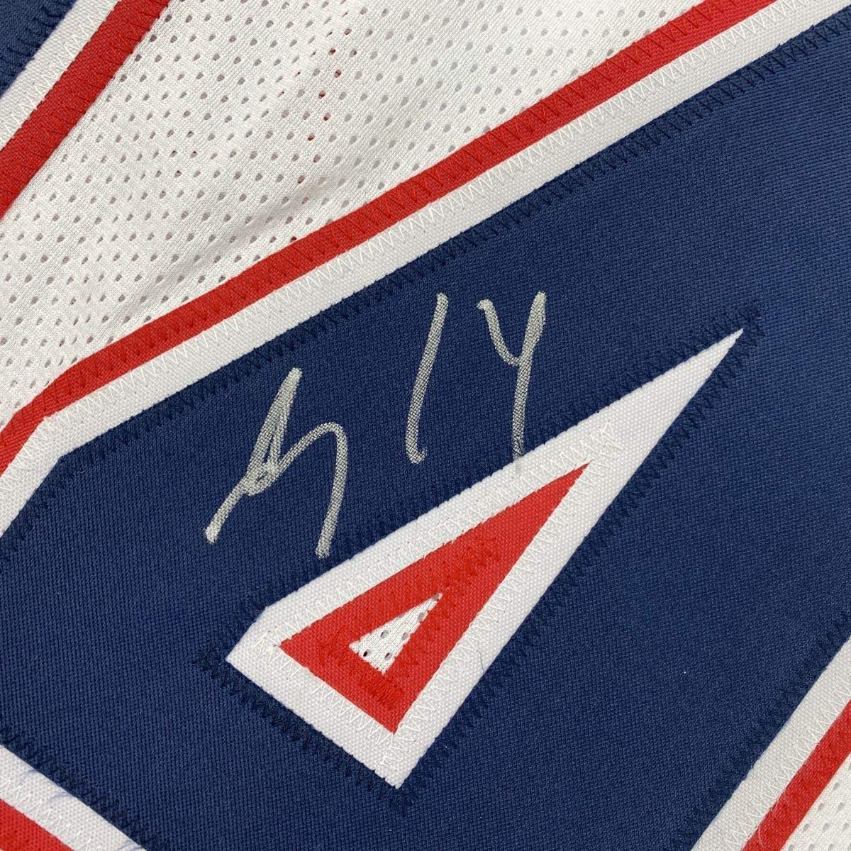 Framed Autographed/Signed Mohamed Sanu 33x42 New England White Football Jersey JSA COA