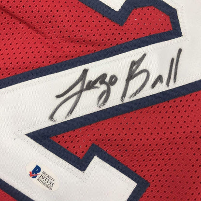 Framed Autographed/Signed Lonzo Ball 33x42 New Orleans Red Basketball Jersey Beckett BAS COA