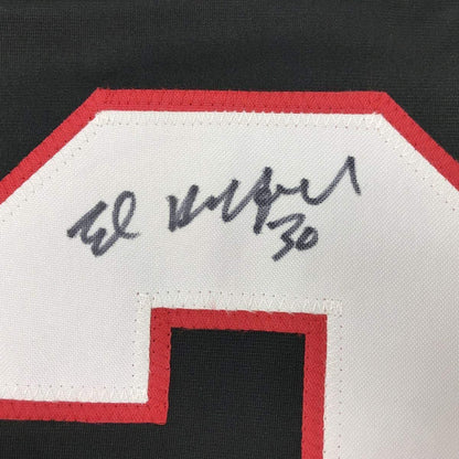 Framed Autographed/Signed Ed Belfour 33x42 Chicago Black Hockey Jersey JSA COA