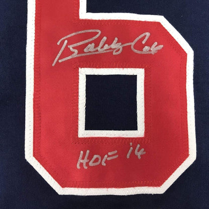 Framed Autographed/Signed Bobby Cox HOF 14 33x42 Atlanta Blue Baseball Jersey JSA COA